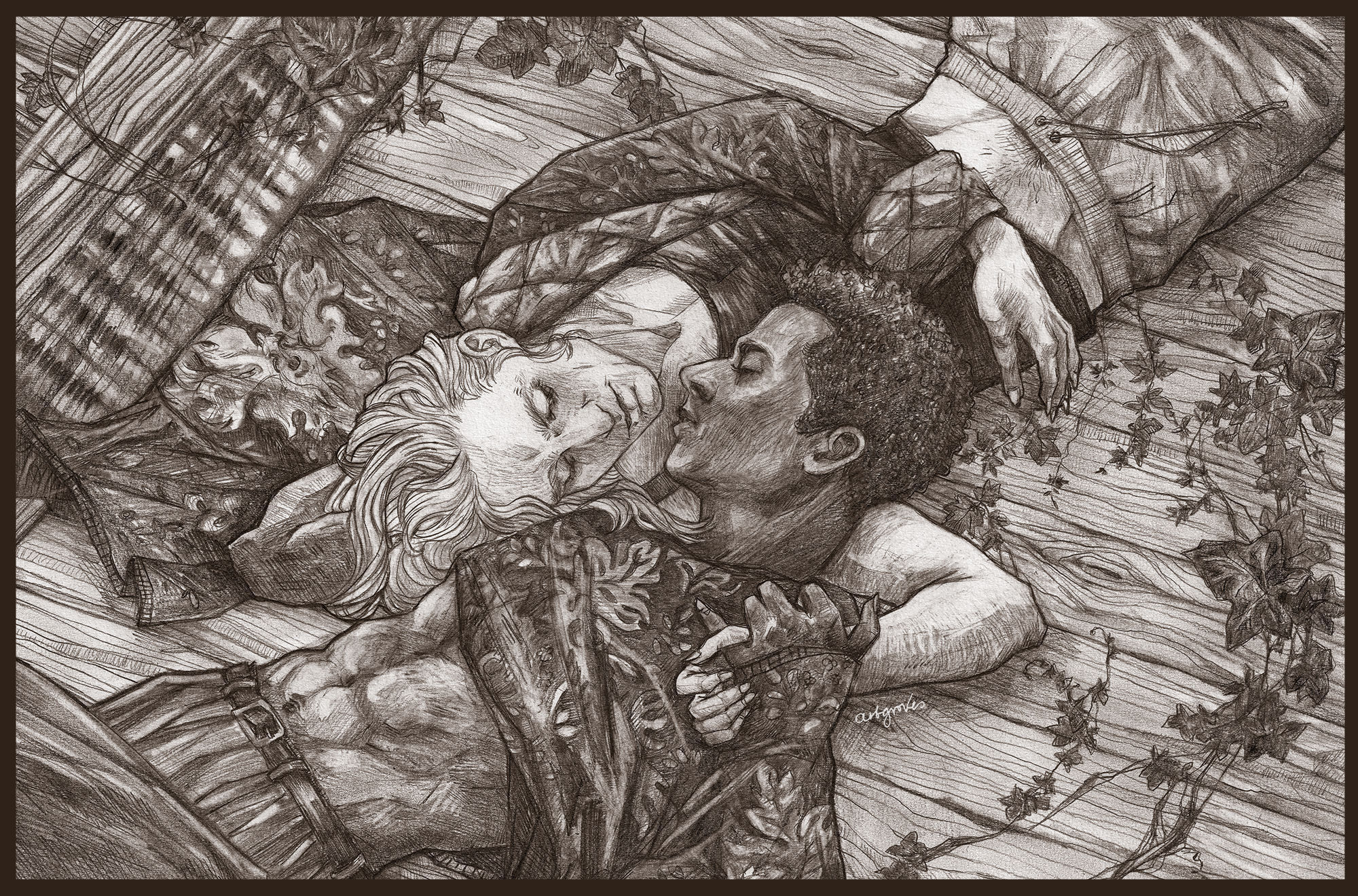 Pencil drawing of Lestat and Louis lying on the floor in Lestat's home. They're facing toward each other with eyes closed, and holding each other's hand. Lestat's robe lies over and between them. Lestat's makeshift piano keyboard is lying beside them, and they're surrounded by leaves and vines.